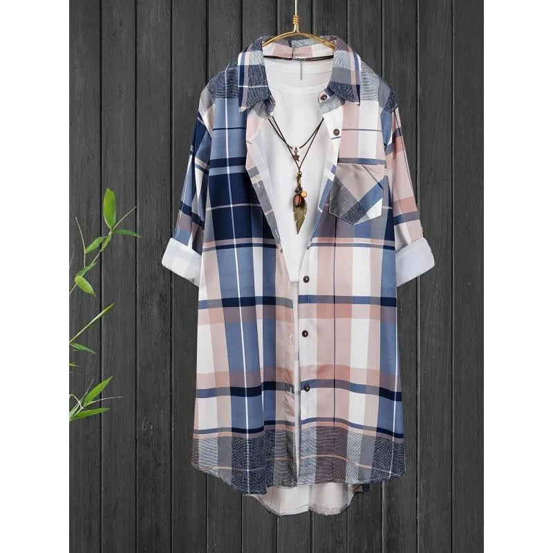 Ingvn  Plus Size 1XL-5XL Women‘s Mid Length Plaid Print Women Autumn Shirts Casual Female Fashion Long Sleeve Single-breasted Blouses ﻿