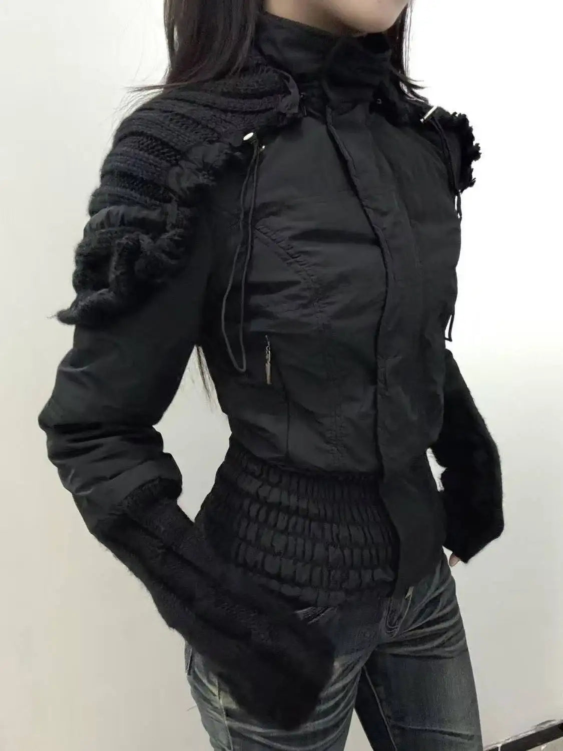 Ingvn  Vintage Harajuku Korean Gothic Womens Hooded Black Jacket Loose Fur Collar Coat Subcultural Youth Casual Street Daily Outfit