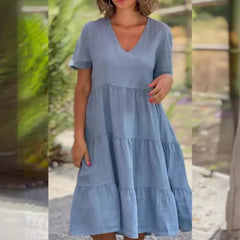 Ingvn  New European and American Summer Women's Clothing Fresh and Sweet V-neck Solid Color Large Sway Casual Skirt Dress