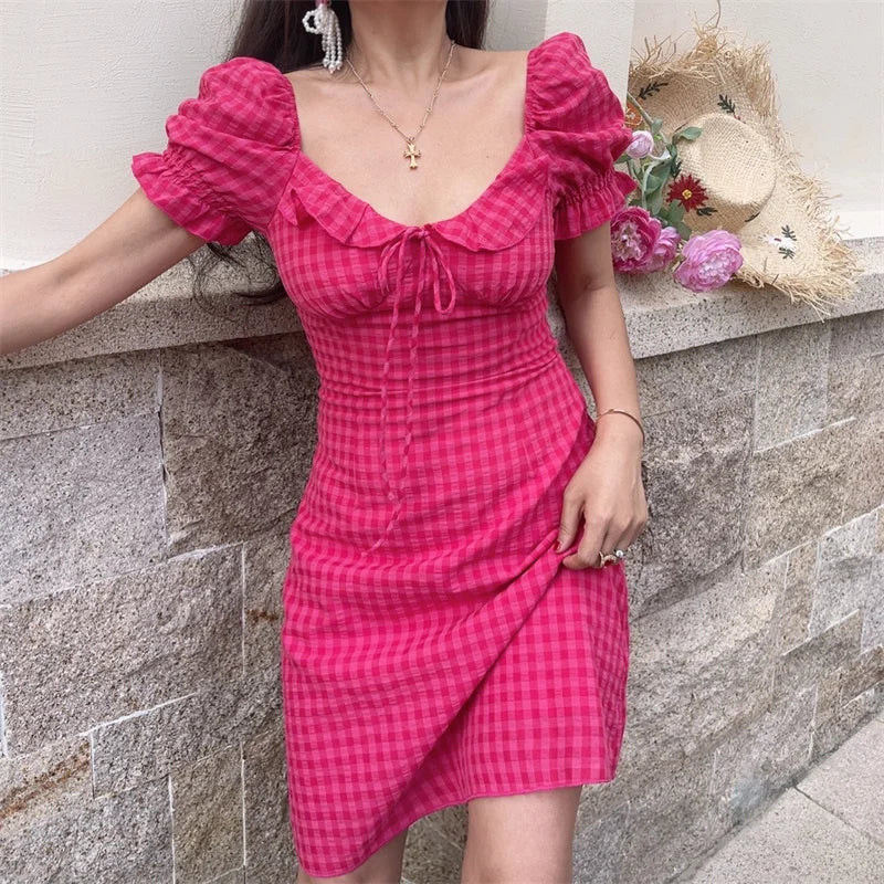 Ingvn  Vacation Floral Print Dress Women's Retro Style Spring Summer Short Sleeve Square Collar Puffy Sleeve Slimming A-Line Dress