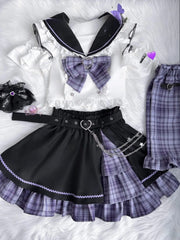 Ingvn  Lolita Sweet Girl Preppy Style Jk Uniform Set Cute Kawaii Bow Short Sleeved Tops Slim Fit Plaid Splicing Skirt Two Piece Set