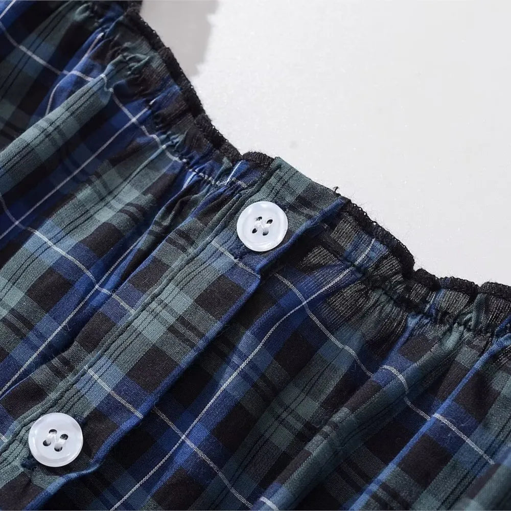 Ingvn  Contrast Color Plaid Open Buttons Slash Shoulder Mini Dress Women Short Sleeve Slim Waist Dresses Holiday Robe Femme