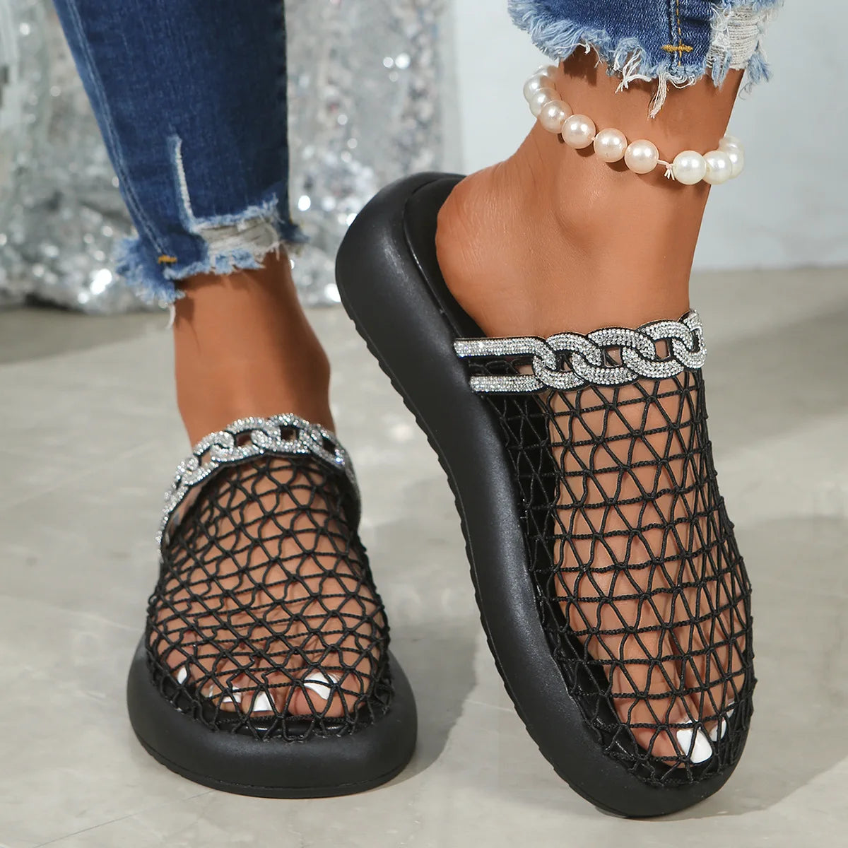 Ingvn  women's new hollowed out wedge heel with metal buckle strap high-heeled thick soled with versatile stylish slippers