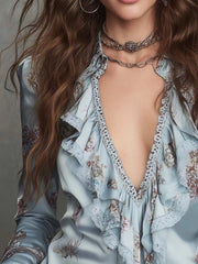 Ingvn  Women Satin Floral Print Blouse Lapel V‑Neck Lace Ruffle Trim Long Flare Cuff Sleeve Shirt Elegant Vintage Boho Shirt Blouse