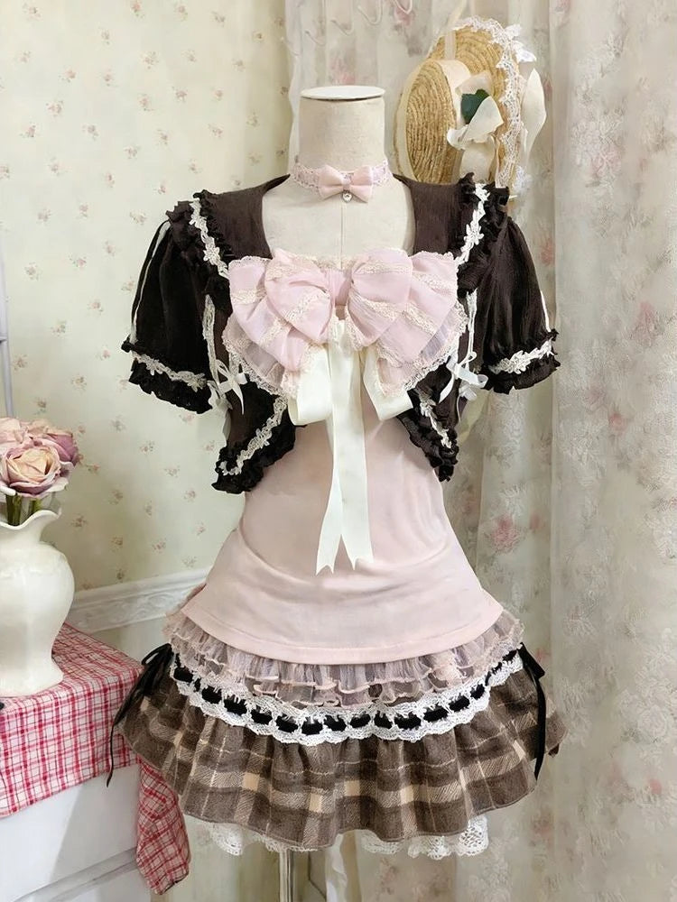 Ingvn  Retro Japanese Lolita Outfits Women Sweet Kawaii Tops Ruffle Mini Dress Suits Y2k Preppy Casual 2 Piece Sets