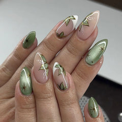 Ingvn  24Pcs Ins Simple French Full Cover Fake Nail Tips Almond Green Cat's Eye Press on False Nails Fashion Leaves Nails Set Wearable