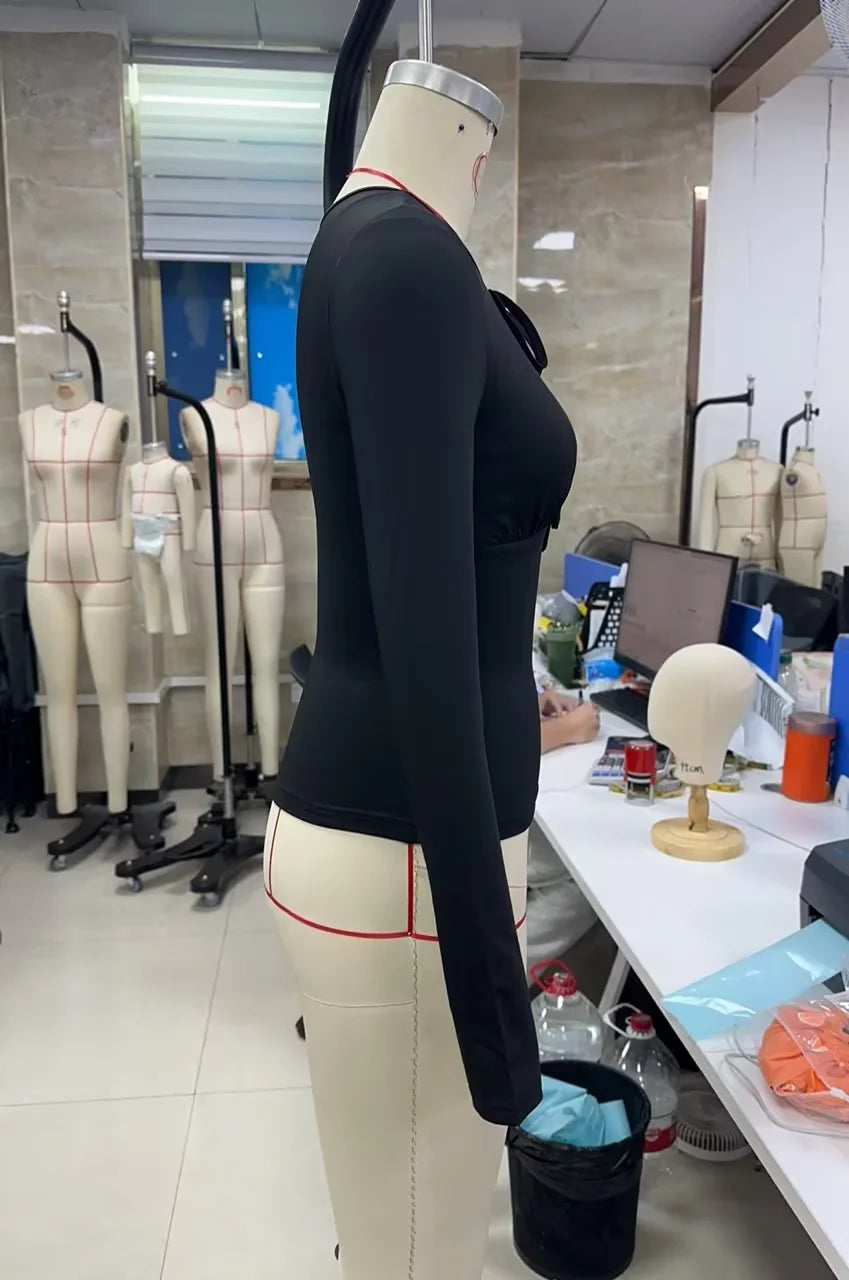 Ingvn  Women Solid Color Tied Front Keyhole T-Shirts Long Sleeve Slim Fit Pleated Bust Round Neck Y2k Cropped Tee Streetwear