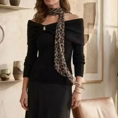 Ingvn - New Fashion Sexy Off Shoulder Jumper Knitted Pullovers Sweater with Scarf Autumn Winter Long Sleeve Women Sweaters Slim Chi Tops
