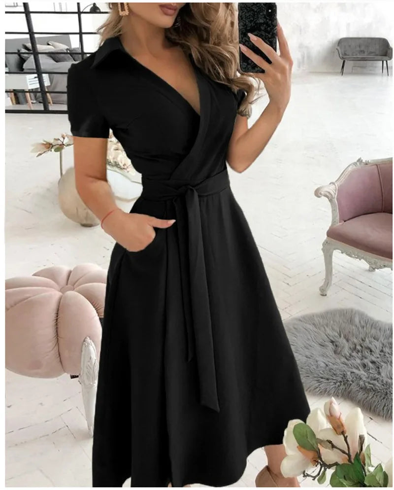 Ingvn  Office Lady Elegant Summer Short Sleeveless Dress Women Casual Turn-Down Collar Belt Dress Sexy V Neck Slim Solid Long PartyRobe