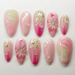 Ingvn  24Pcs White Gradient Almond Fake Nails with Pearl Short Finished Press on Nails Sweet Flower Full Cover False Nails for Women