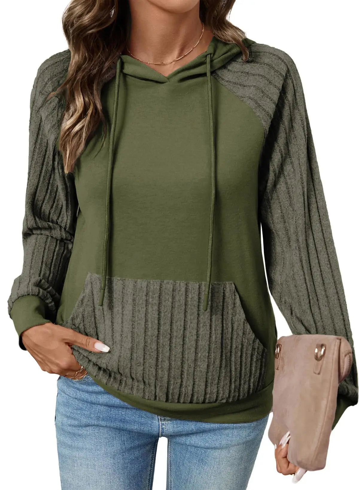 Ingvn - Women Early Autumn New Style Pocket Pullover Hooded Patchwork Thin Hoodie Casual Versatile Pullover Long Sleeve Top