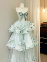 Ingvn  French Style Elegant Princess Strapless Evening Dress 3D Flowers Bow High Waist Mesh Puffy Birthday Party Dress for Women