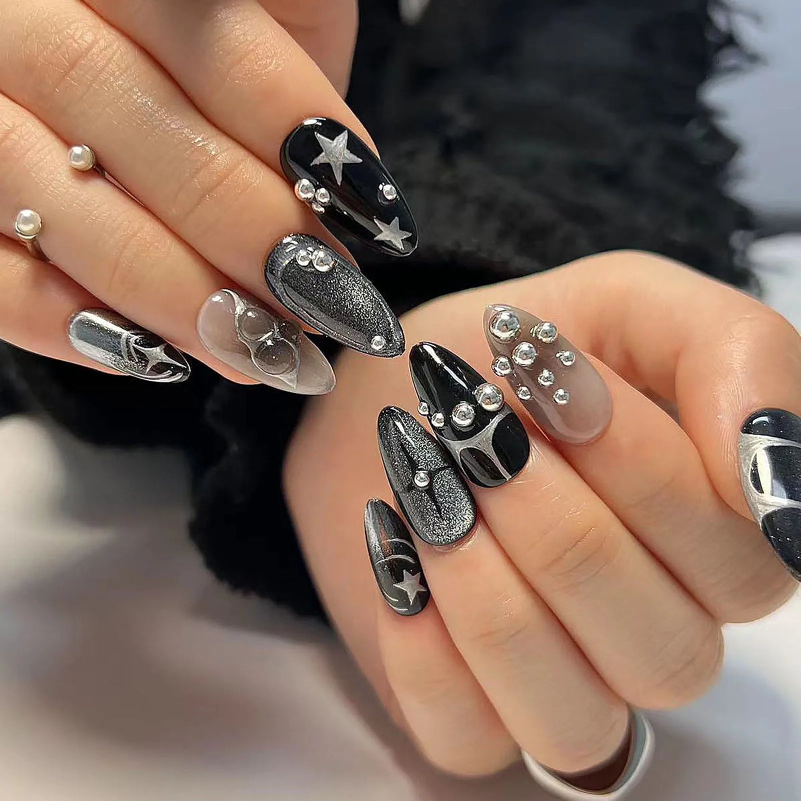 Super Cool y2k Nails Press On Long Stiletto Fake Nail Art Silver Flame Blush False Nails With Designs Full Manicure Nail Tips