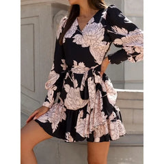 Ingvn  S-XXL Women's Fashion V-neck Lantern Sleeve Dress Ladies Long Sleeve Casual Printed Comfortable Versatile Dress