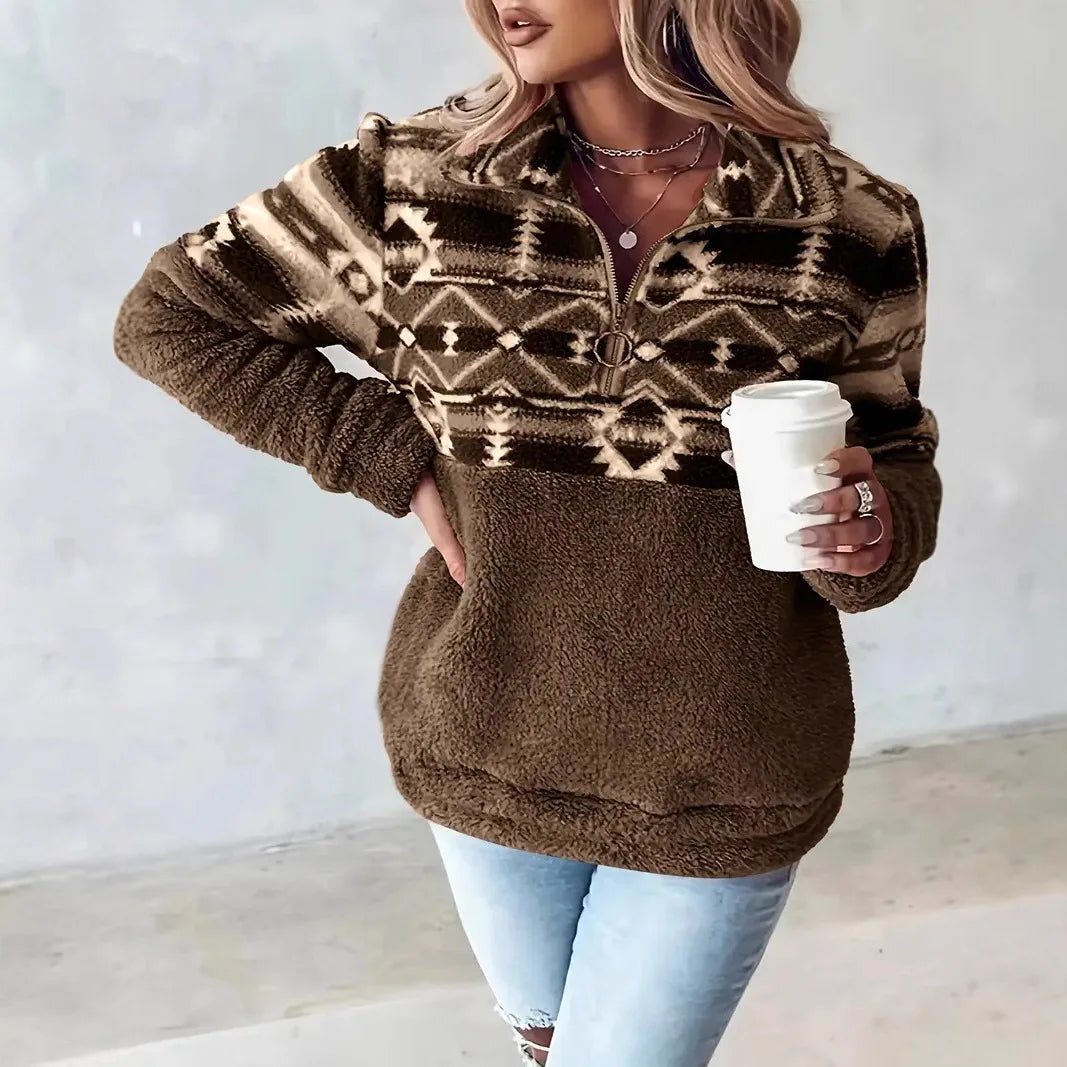 Ingvn - European American Autumn Winter New Arrival Half Zip Fleece Sweatshirt Casual Coat Geometric Pattern Stand Collar Top Women