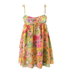 Ingvn  Women Bow Lacing up Sling Robe Holiday BOHO Ruched Chest Orange Flower Print Spaghetti Strap Mini Dress