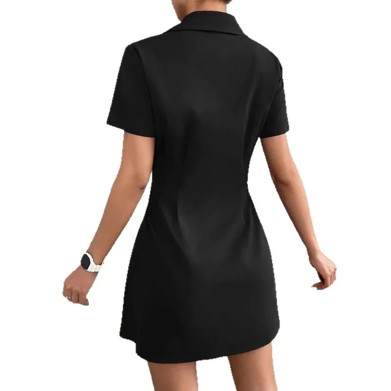 Ingvn  Women's Lapel Collar Pleated Waist Short Sleeve Shirt Dress Casual Solid Mini Dress