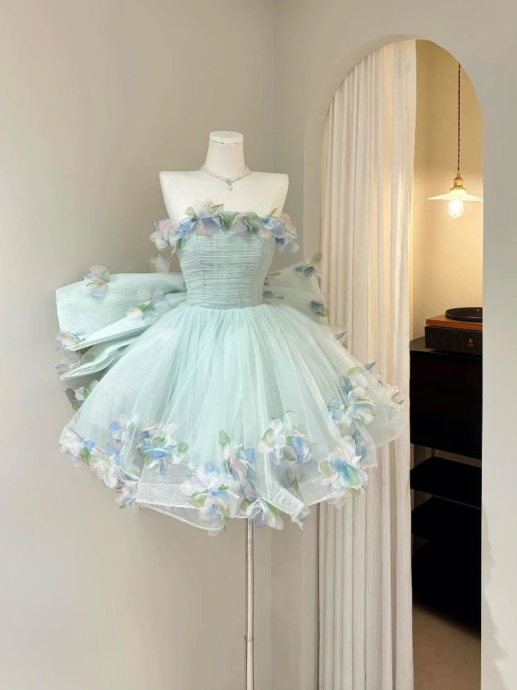 Ingvn  French Style Elegant Princess Strapless Evening Dress 3D Flowers Bow High Waist Mesh Puffy Birthday Party Dress for Women