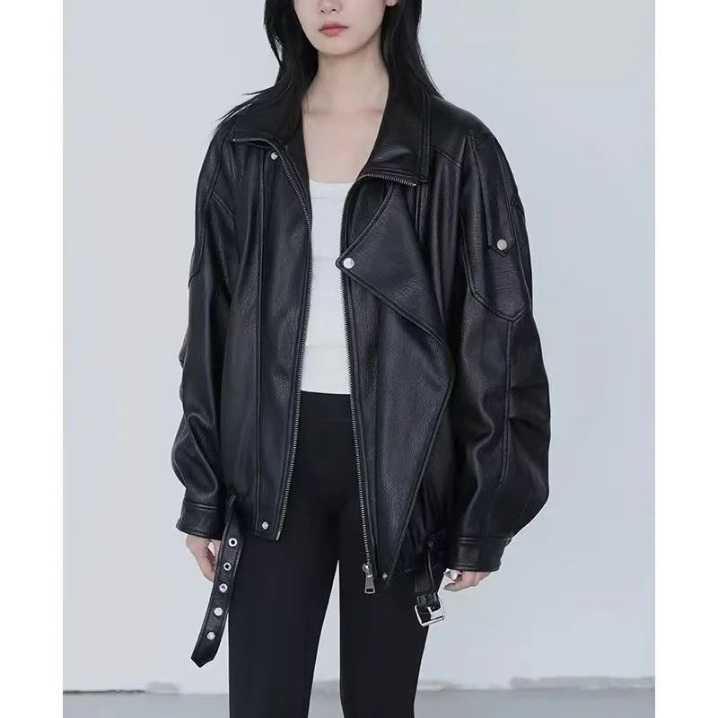 Ingvn  Woman Vitnage Black Leather Jackets Streetwear Fashion Solid Coat Harajuku High Waist Elegant Coat Spicy Girls Chic
