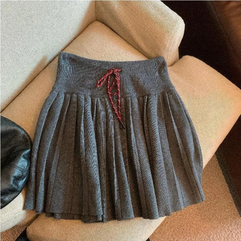 Ingvn - Women's Autumn Winter High Waist Drawstring Knit Pleated Mini Skirt Sporty Versatile Chic Streetwear Cozy
