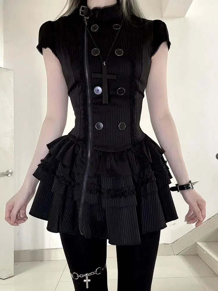 Ingvn  Y2K Aesthetic Harajuku Dress Women Vintage Slim Black Mini Dress Gothic Punk Female Daily