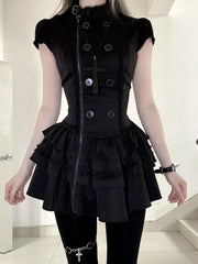 Ingvn  Y2K Aesthetic Harajuku Dress Women Vintage Slim Black Mini Dress Gothic Punk Female Daily