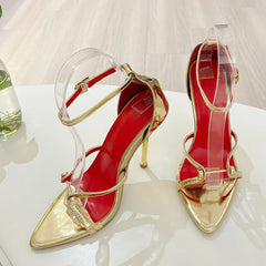 Ingvn  Sexy Gold Silver Ankle Cover Strap Sandals Women Shoes Fashion Metal Decoration Pointed Open Toe Party Club Stripper Heels