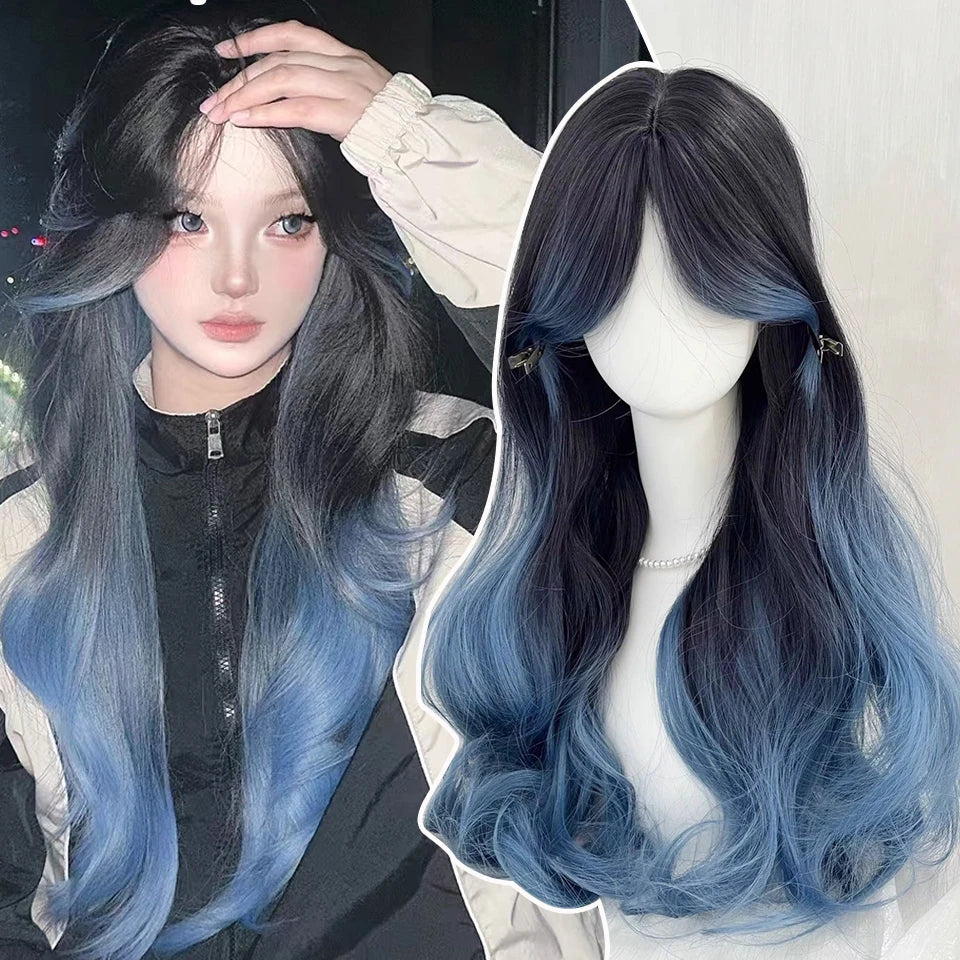 Ingvn  Long Wavy Brown Wig with Middle Part Bangs Synthetic Natural Cosplay Cute Wig Halloween Costume Lolita Wig for Women