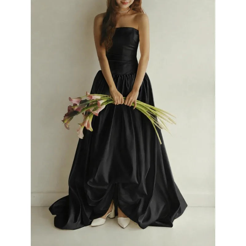 Ingvn - Korean Minimalist Strapless Satin Wedding Dress A‑Line Pleated Skirt Bridal Gown Simple Elegant For Photoshoot Elopement Wedding