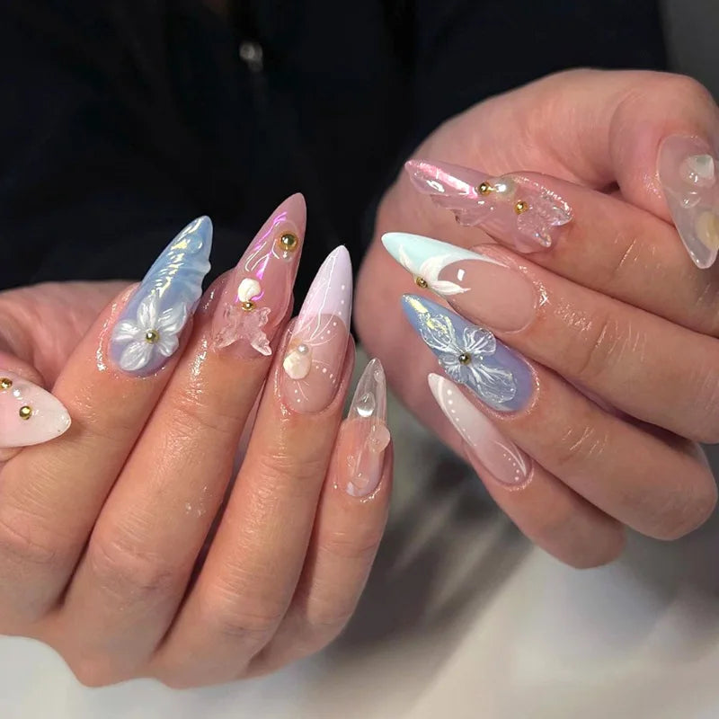 3D Pearl Shell Fantasy Polarized French Almond Shape False Nails Summer Detachable Finished Fake Nails Press on Nails with Glue