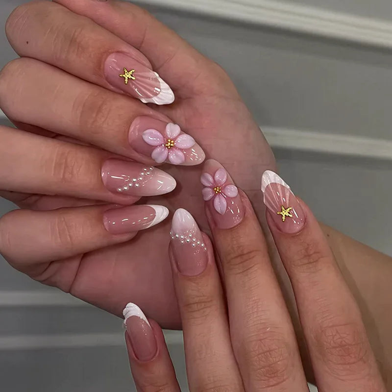 Ingvn  24Pcs White Gradient Almond Fake Nails with Pearl Short Finished Press on Nails Sweet Flower Full Cover False Nails for Women