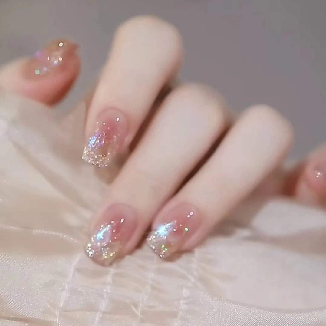 Ingvn  24Pcs Pink Ballet Fake Nails Full Cover Nail Tips Long Ballet False Nails with Rhinestone Chain Design Wearable Press on Nails