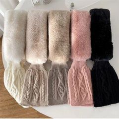 Ingvn - Women's Autumn Winter Knit Scarf Faux Fur Cross Neck Warmer Solid Thick Warm Elegant Chic Coquette Trendy