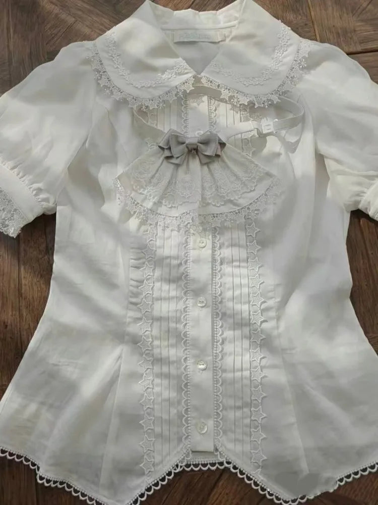 Ingvn  Japanese Harajuku Sweet Lolita Short Sleeve Blouse Women Y2K Lace Bow Subcultural Cute Daily Streetwear Outfit