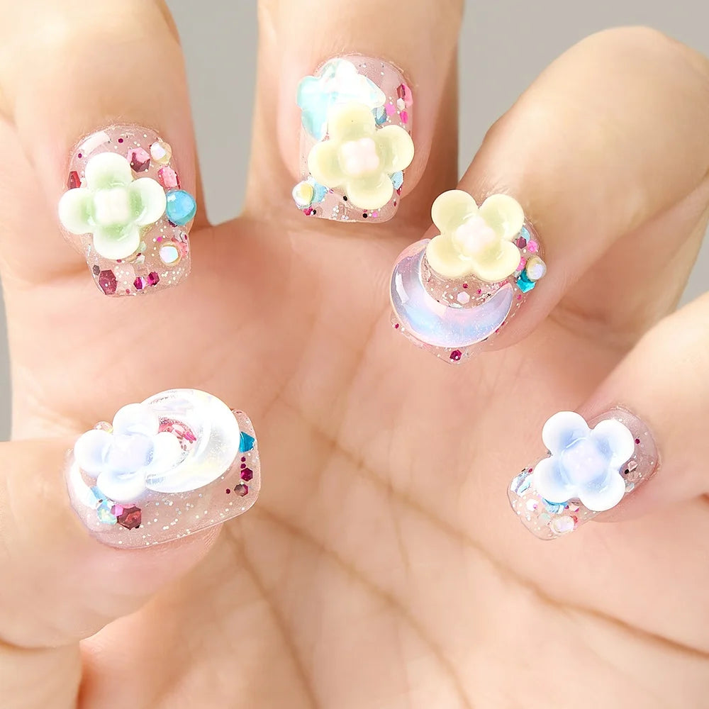 10pcs Handmade Summer Press On Nails Short Fake Nails Ballerina Moon Flower Patterned Fake Nail Cute Nail Art Sweet Fake Nails