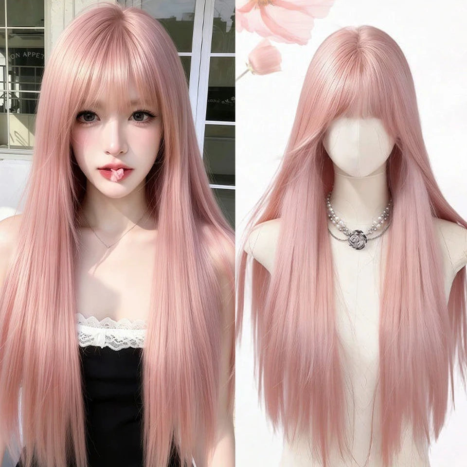 Ingvn  Long Wavy Brown Middle Part Wig Synthetic Lolita Wig Natural Cosplay Party Wig Daily Wear Halloween Costume Y2K Orange Wig