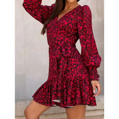 Ingvn  S-XXL Women's Fashion V-neck Lantern Sleeve Dress Ladies Long Sleeve Casual Printed Comfortable Versatile Dress