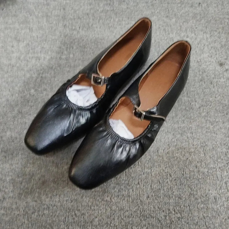 Ingvn  Street Style Fashion Pleated Mary Janes Women Ballet Flats Comfortable Soft Soles Leather Spring Summer Walking Loafers Shoes