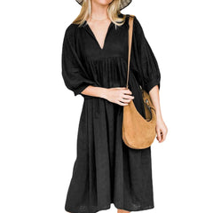 Autumn New Arrival Loose Long Sleeve Lantern Sleeve Casual Retro Solid Long Dress