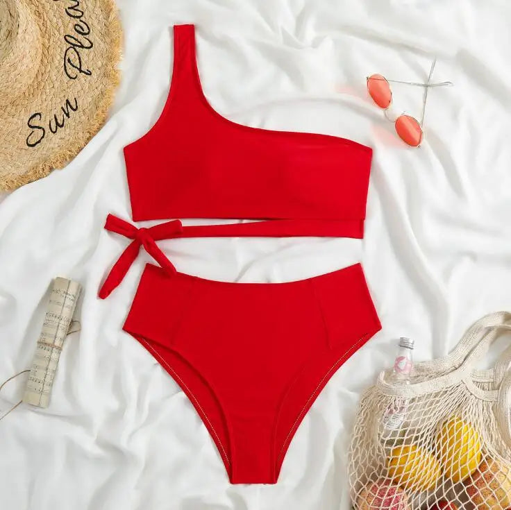 Ingvn  Summer Sexy Bow One Shoulder Striped Bikini Lacing Up Bandage Low Waist Swimsuit Set Two Piece Swimwear Beachwear