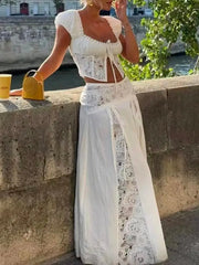 Ingvn   Beach Holiday Skirt Suit for Women Folds Tube Top High Waist Spliced Lace Long Skirt White Two Piece Set Female New