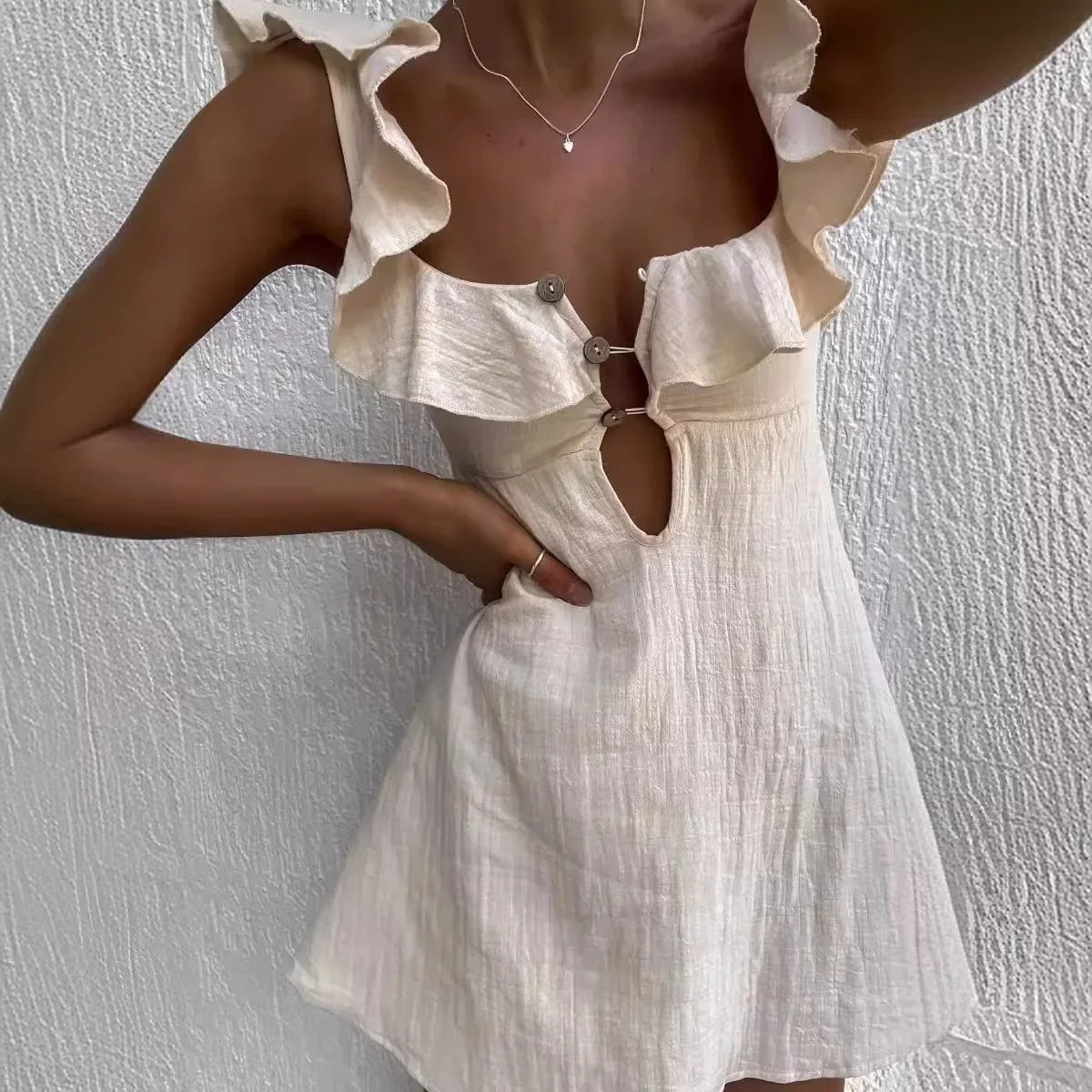 Ingvn  Holiday Retro Mini Beach Dress for Women Summer  New Fashion Sexy Ruffled Strap Dress Women Hollow Out Short Dress Vestidos