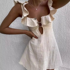 Ingvn  Holiday Retro Mini Beach Dress for Women Summer  New Fashion Sexy Ruffled Strap Dress Women Hollow Out Short Dress Vestidos