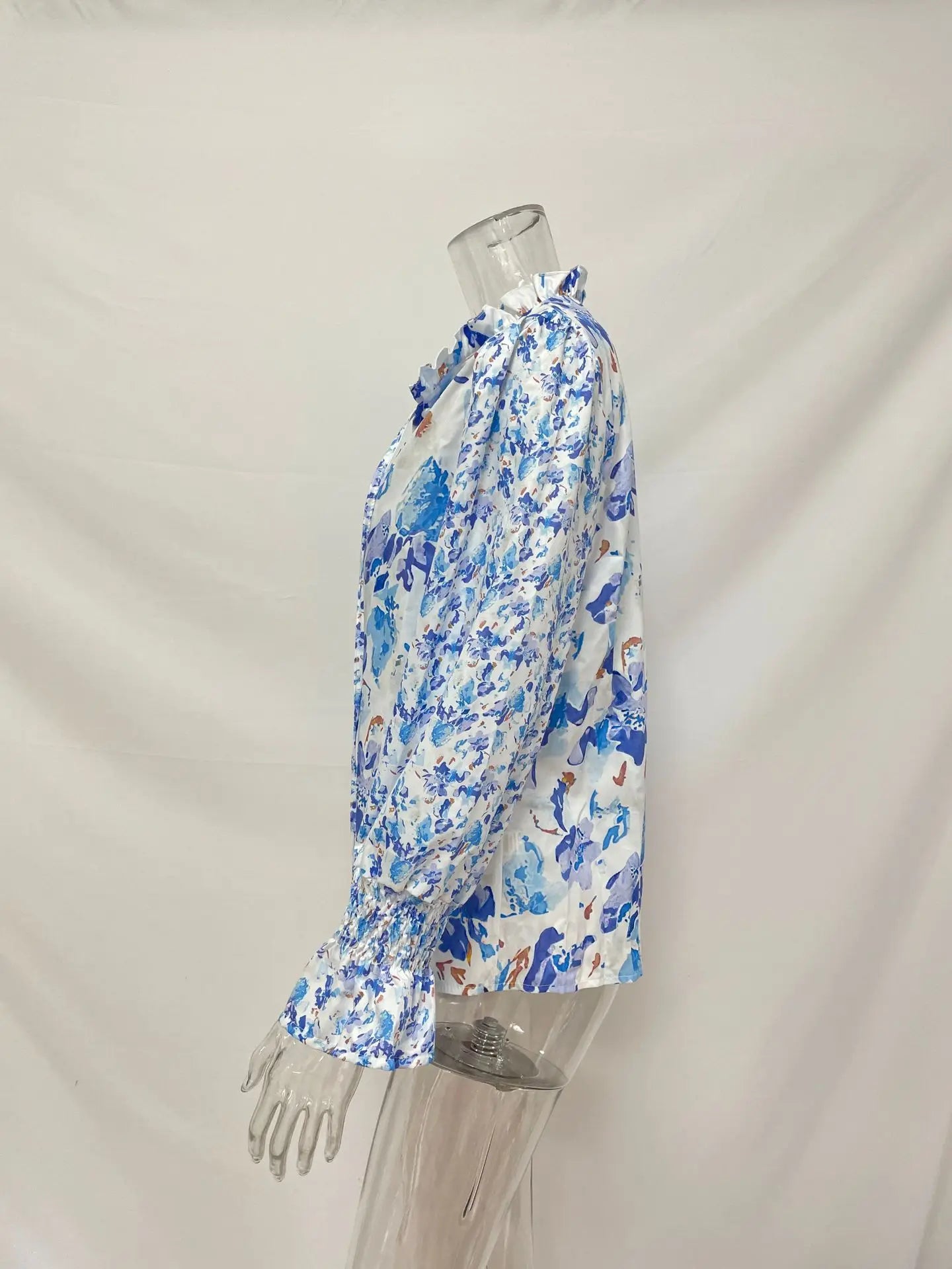 Ingvn - Women's Summer Floral Print V Neck Long Sleeve Blouse Ruffle Cuff Button Down Casual Loose Chiffon Shirt