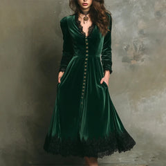 Ingvn  Elegant Women Velvet Dress Lace Splicing A-Line V Neck Single Breasted High Waist Pocket Retro Casual Evening Party Dress
