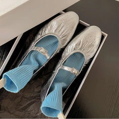Ingvn  Street Style Fashion Pleated Mary Janes Women Ballet Flats Comfortable Soft Soles Leather Spring Summer Walking Loafers Shoes