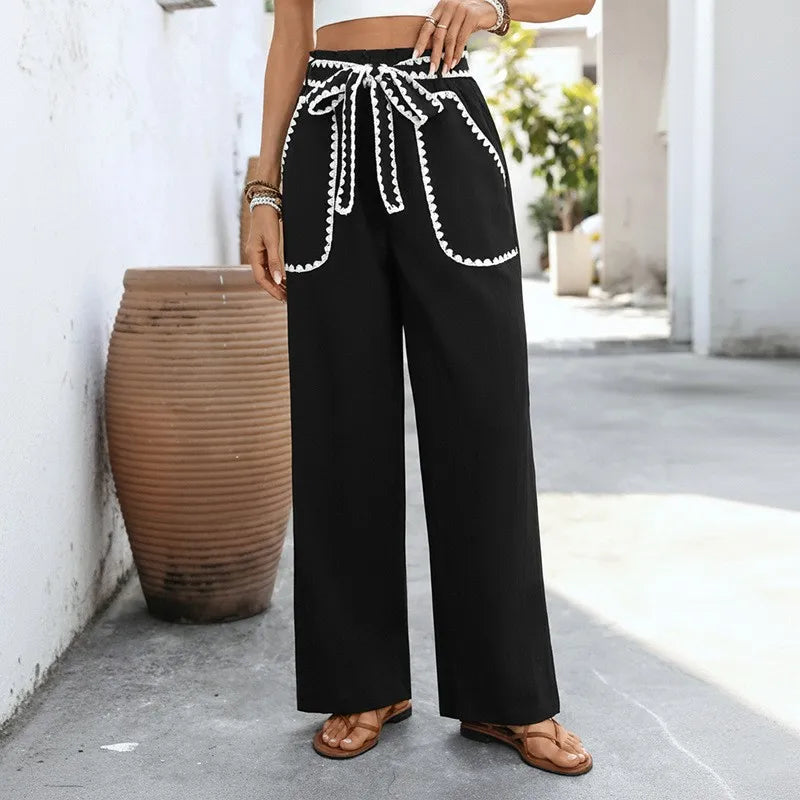 Ingvn  Summer Spring Women's Clothing High Waist Wide Leg Casual Pants With Drawstring Loose Fit Tapered Polyester Long Trousers