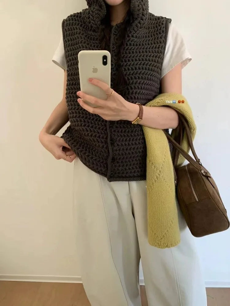 Ingvn - Women's High-End Chunky Hooded Knit Cardigan Vest Sleeveless Layering Sweater Coat Chic Coquette Trendy Vintage
