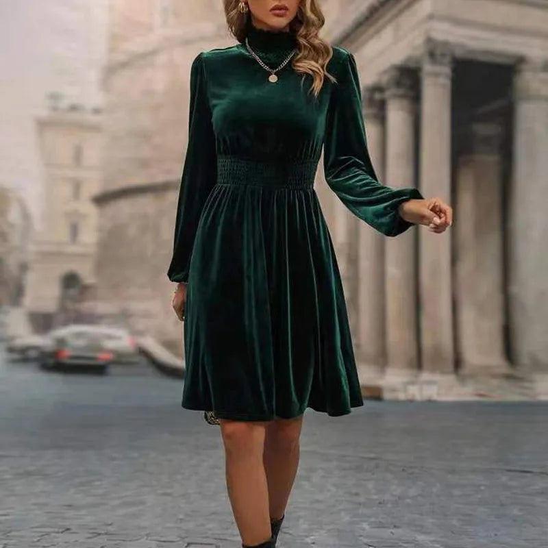 Ingvn - New Stand Collar Dresses for Women Elegant Slim Long Sleeve Women Dress Velvet A-LINE Dress Women Vestidos De Verano Mujer