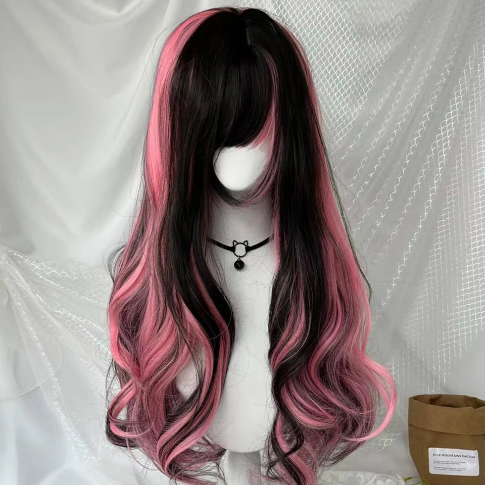 Ingvn - Long Wavy Black Highlight Pink Wig with Bangs Synthetic Diy Cosplay Wig Daily Wear Natural Wig Halloween Costume Wig for Women